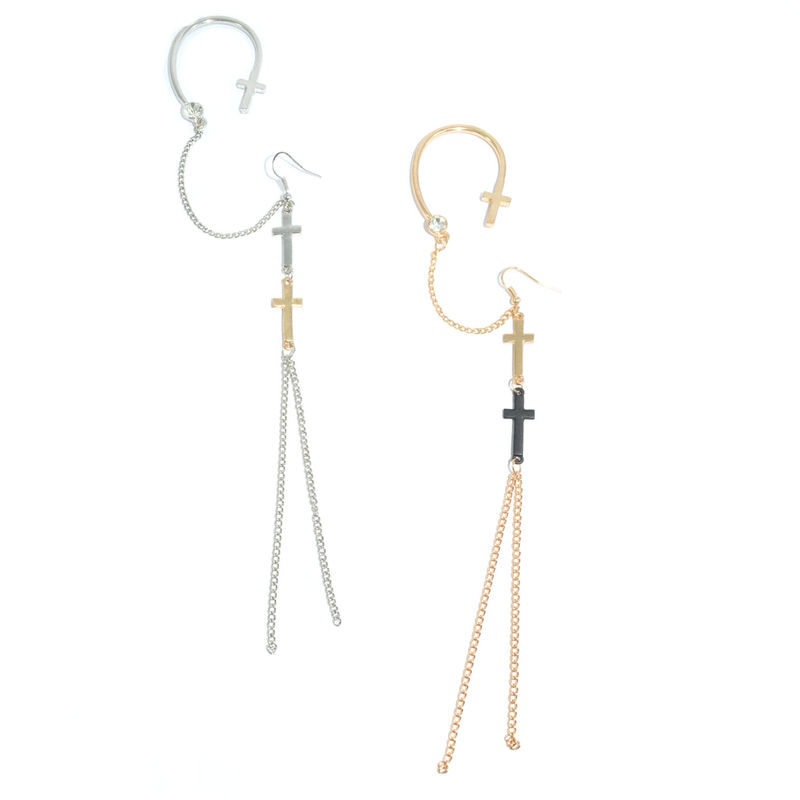 CRYSTAL WITH CROSSES AND CHAINS EAR CUFF - product image  