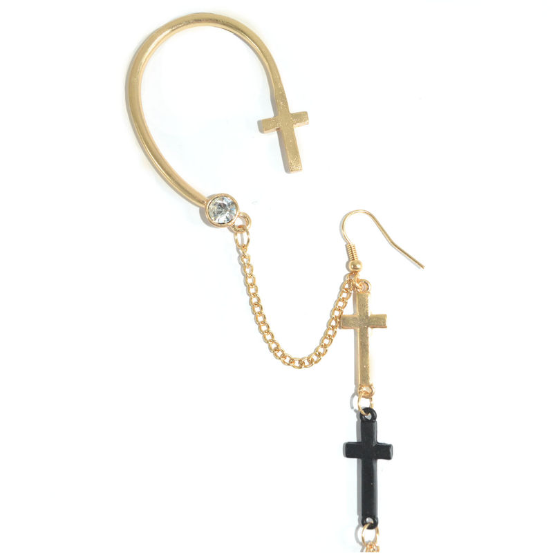CRYSTAL WITH CROSSES AND CHAINS EAR CUFF - product image  