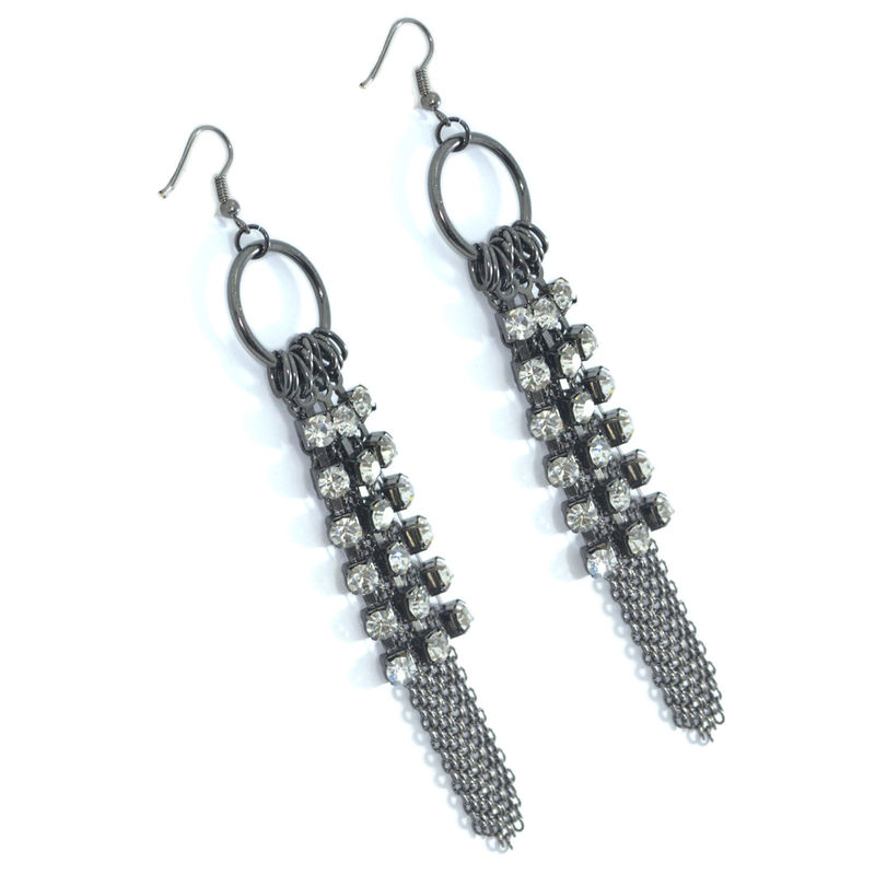 CRYSTAL AND LONG TASSELS DROP EARRINGS - product image  