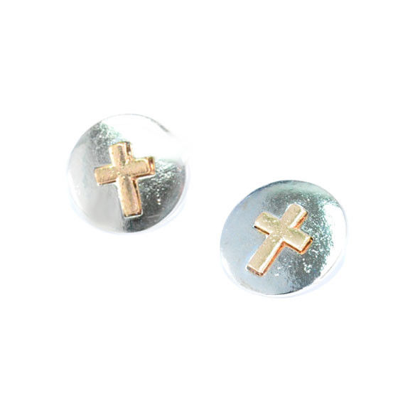 ROUND METAL WITH GOLD TONE CROSS EARRINGS - product image  
