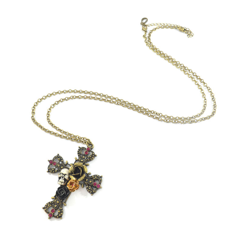 ROSE AND SKULL DECOR CROSS PENDANT NECKLACE - product image  