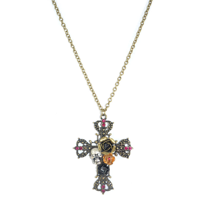 ROSE AND SKULL DECOR CROSS PENDANT NECKLACE - product image  