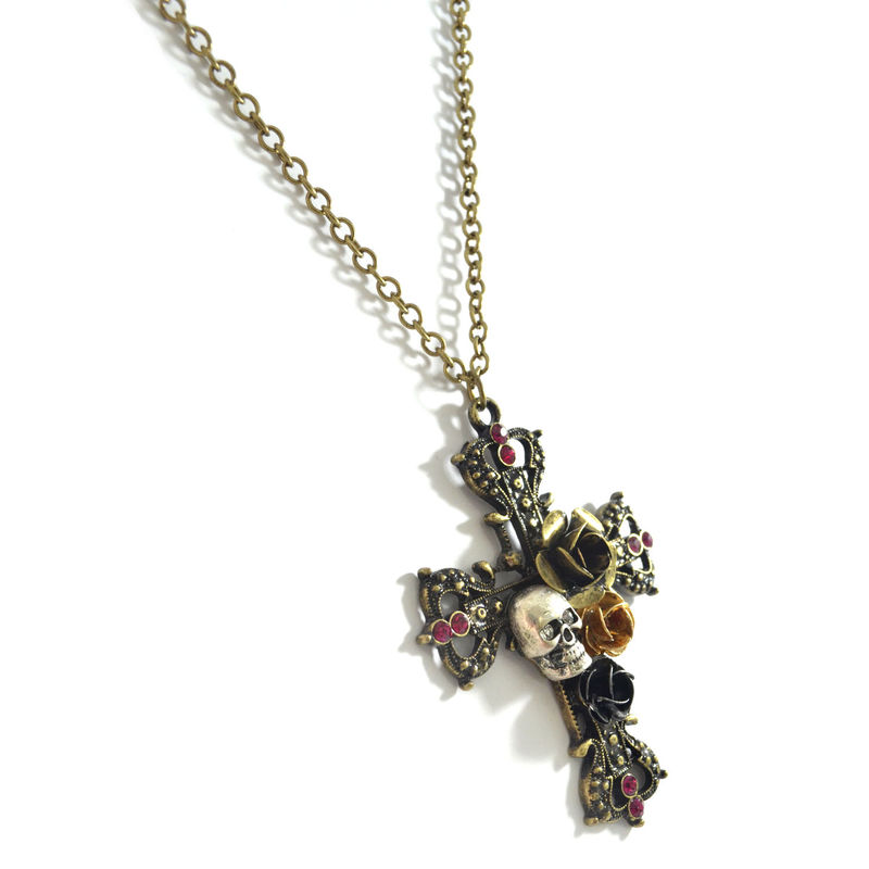ROSE AND SKULL DECOR CROSS PENDANT NECKLACE - product image  