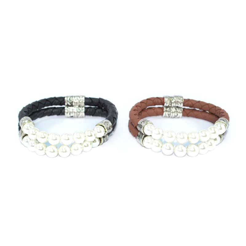 PEARL AND WOVEN FAUX LEATHER MAGNETIC BRACELET - product image  