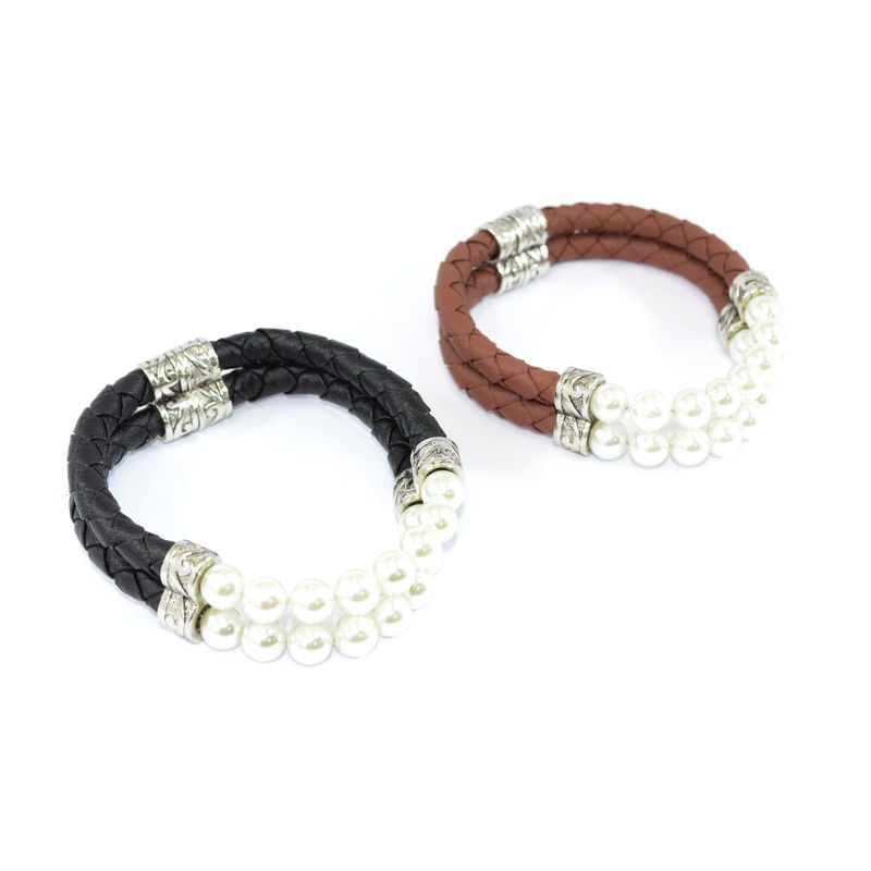PEARL AND WOVEN FAUX LEATHER MAGNETIC BRACELET - product image  
