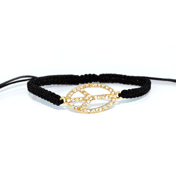 OVAL PEACE LOGO WITH CRYSTAL BLACK STRAP BRACELET - product image  