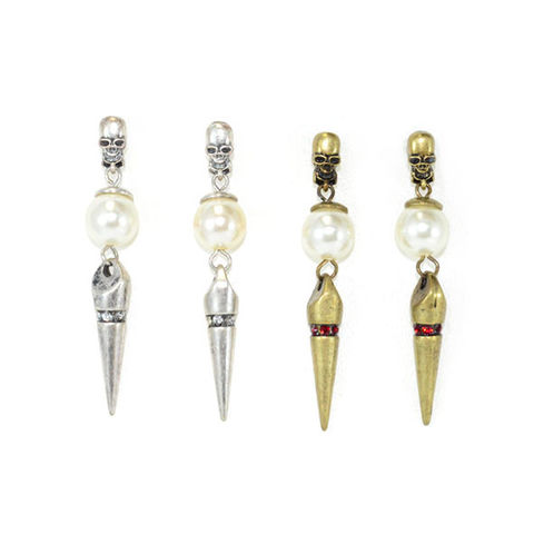 VINTAGE,STYLE,SKULL,WITH,PEARL,AND,SPIKE,DROP,EARRINGS