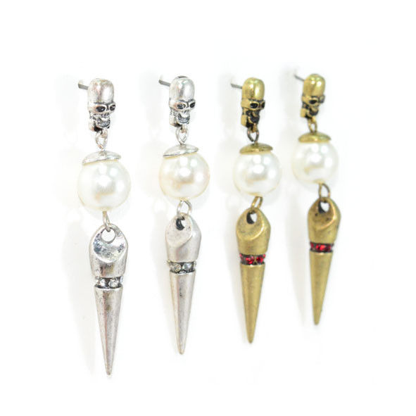VINTAGE STYLE SKULL WITH PEARL AND SPIKE DROP EARRINGS - product image  