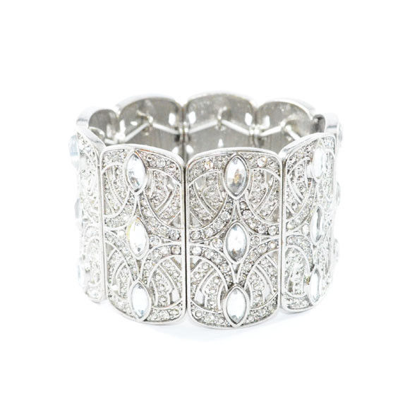 VINTAGE STYLE SILVER TONE PATTERN WITH CRYSTALS ELASTIC BANGLE - product image  