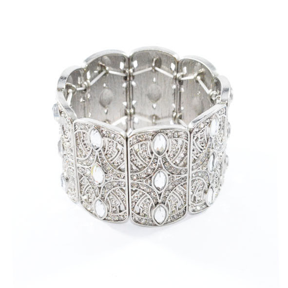 VINTAGE STYLE SILVER TONE PATTERN WITH CRYSTALS ELASTIC BANGLE - product image  
