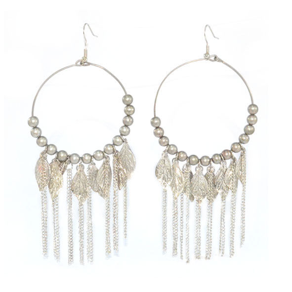 VINTAGE STYLE SILVER TONE LEAVES AND BEADS WITH TASSELS DROP EARRINGS - product image  