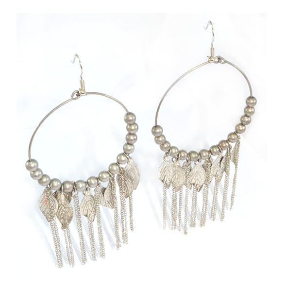 VINTAGE STYLE SILVER TONE LEAVES AND BEADS WITH TASSELS DROP EARRINGS - product image  