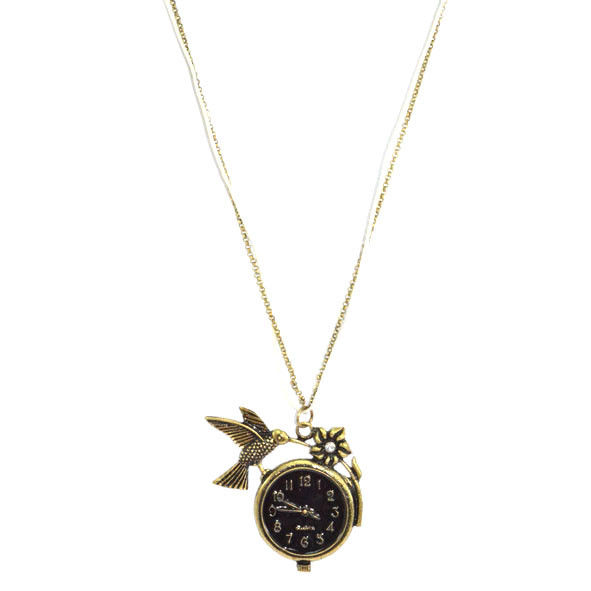VINTAGE STYLE FAUX CLOCK WITH BIRD AND CRYSTAL FLOWER DOUBLE STRAP NECKLACE - product image  