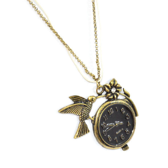 VINTAGE STYLE FAUX CLOCK WITH BIRD AND CRYSTAL FLOWER DOUBLE STRAP NECKLACE - product image  