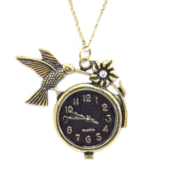 VINTAGE STYLE FAUX CLOCK WITH BIRD AND CRYSTAL FLOWER DOUBLE STRAP NECKLACE - product image  