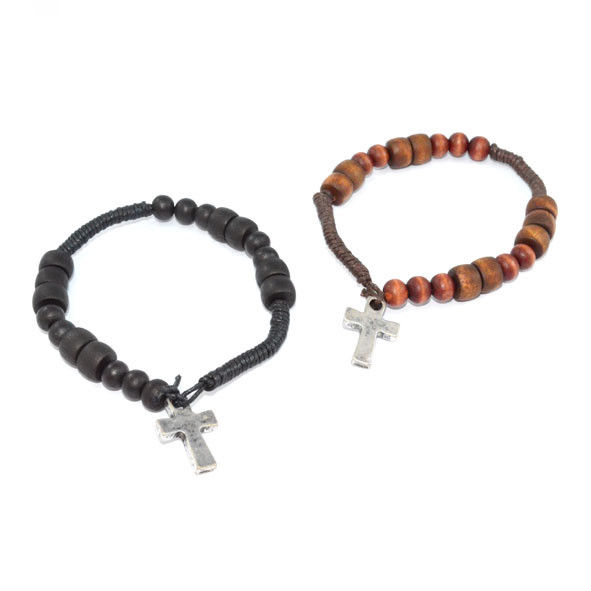 VINTAGE SILVER CROSS WITH WOODEN BEADS STRAP BRACELET - product image  