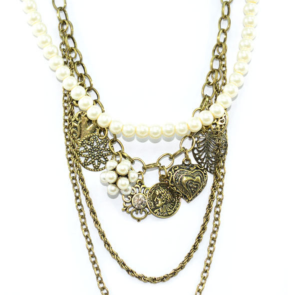 VINTAGE GOLD AND PEARL CHAIN MULTI PENDANTS NECKLACE - product image  