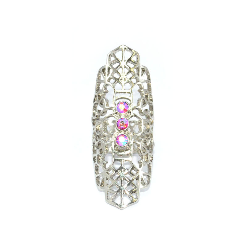 SILVER TONE HOLLOW PATTERN WITH PINK CRYSTALS RING - product image  