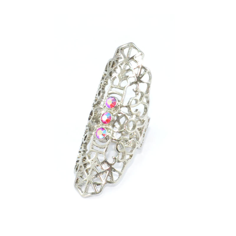 SILVER TONE HOLLOW PATTERN WITH PINK CRYSTALS RING - product image  
