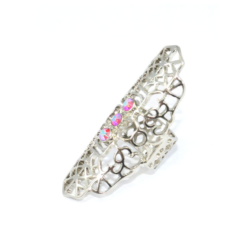 SILVER TONE HOLLOW PATTERN WITH PINK CRYSTALS RING - product image  