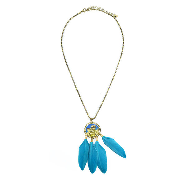 VINTAGE STYLE ANGEL MEDAL WITH BLUE GREEN FEATHER NECKLACE - product image  