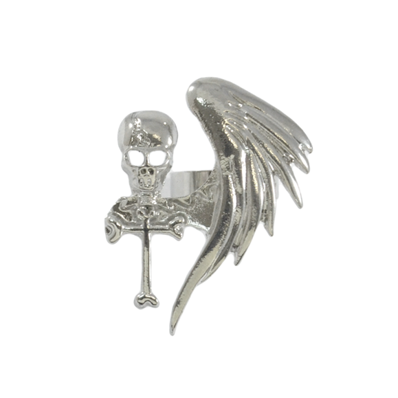 SILVER TONE SKULL WITH WING RING - product image  