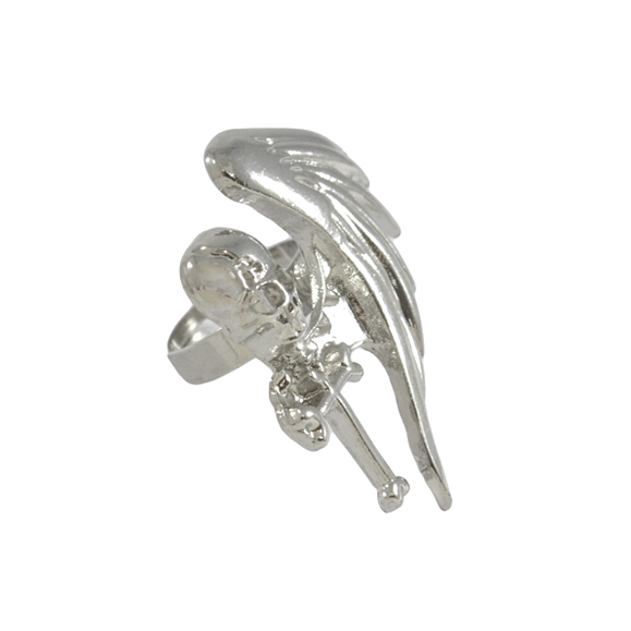 SILVER TONE SKULL WITH WING RING - product image  