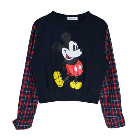 MICKY,WITH,CHECK,JUMPER,MICKEY JUMPER, CHECK SLEEVE JUMPER, MICKEY PRINT JUMPER, GREY MICKEY PRINT JUMPER
