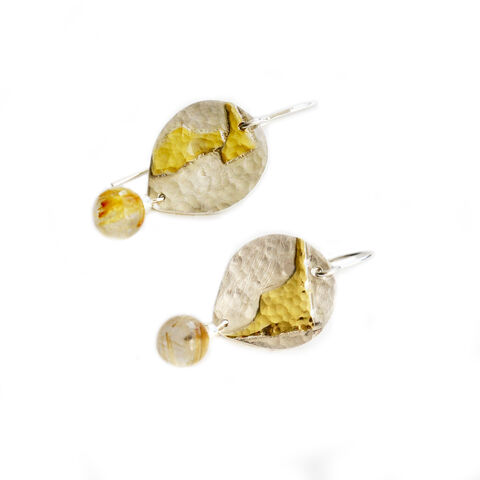 Distressed,teardrop,earrings,silver,gold,Katerina Damilos, textured earrings, teardrop silver earrings, summer jewellery, rutilated quartz earrings