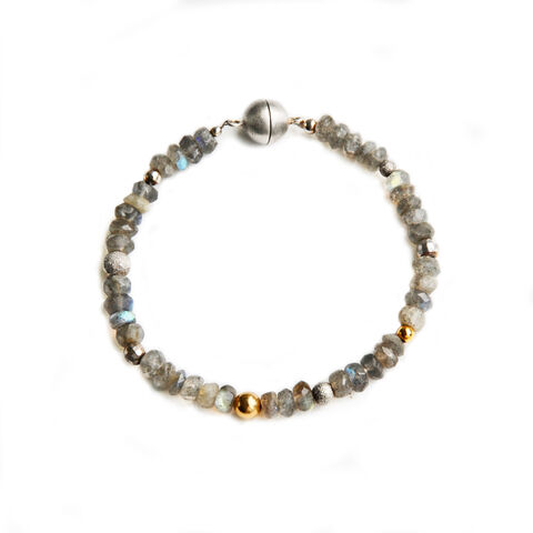ORB,labradorite,bracelet,with,silver,&,gold,detail,Katerina Damilos, faceted labradorite bracelet with silver and gold, birthday jewellery, gift jewellery, day to night jewellery, effortless elegance, textured