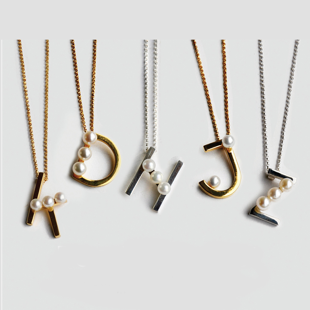 modernist initial pendants with pearls by Katerina Damilos
