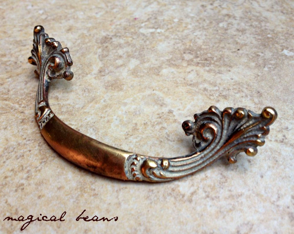 Vintage Gold Art Nouveau Curved Drawer Pull in Solid Brass Magical