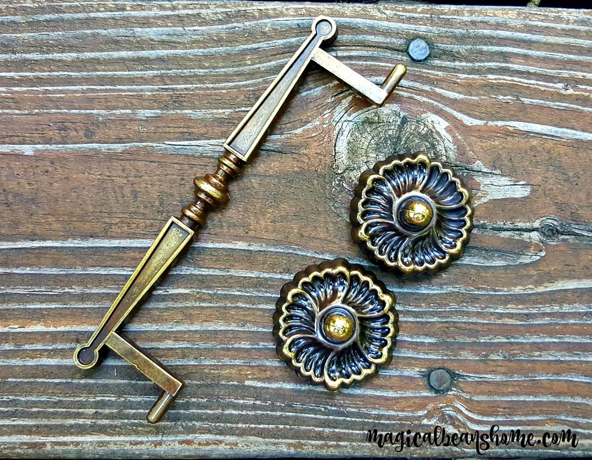 Vintage Antiqued Gold Square Drop Bail Pull with Rosettes Magical Beans Home