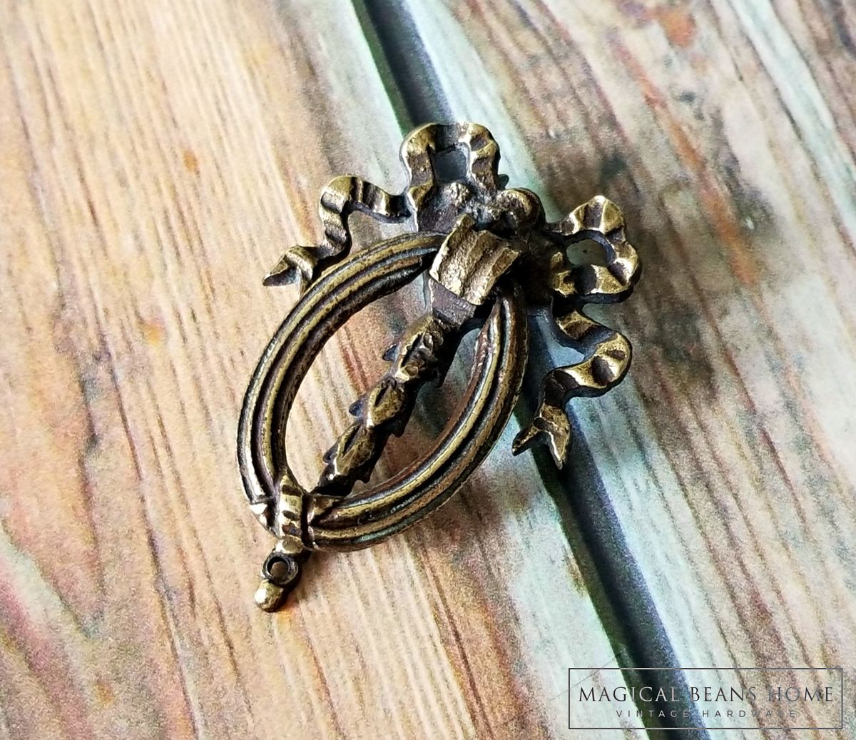 Vintage Ribbon & Bow Dark Brass Ring Pull by Keeler Brass Co Magical