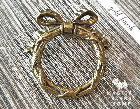 Vintage,KBC,Solid,Brass,Ribbon,,Bow,&,Wreath,Ring,Pull,-,Gold,Finish,Ribbon & Bow Wreath Ring Pull, Victorian Furniture Pull ,Keeler Brass Dresser Pull ,Brass Drawer Pull ,Dresser Hardware ,Vintage Drawer Pulls