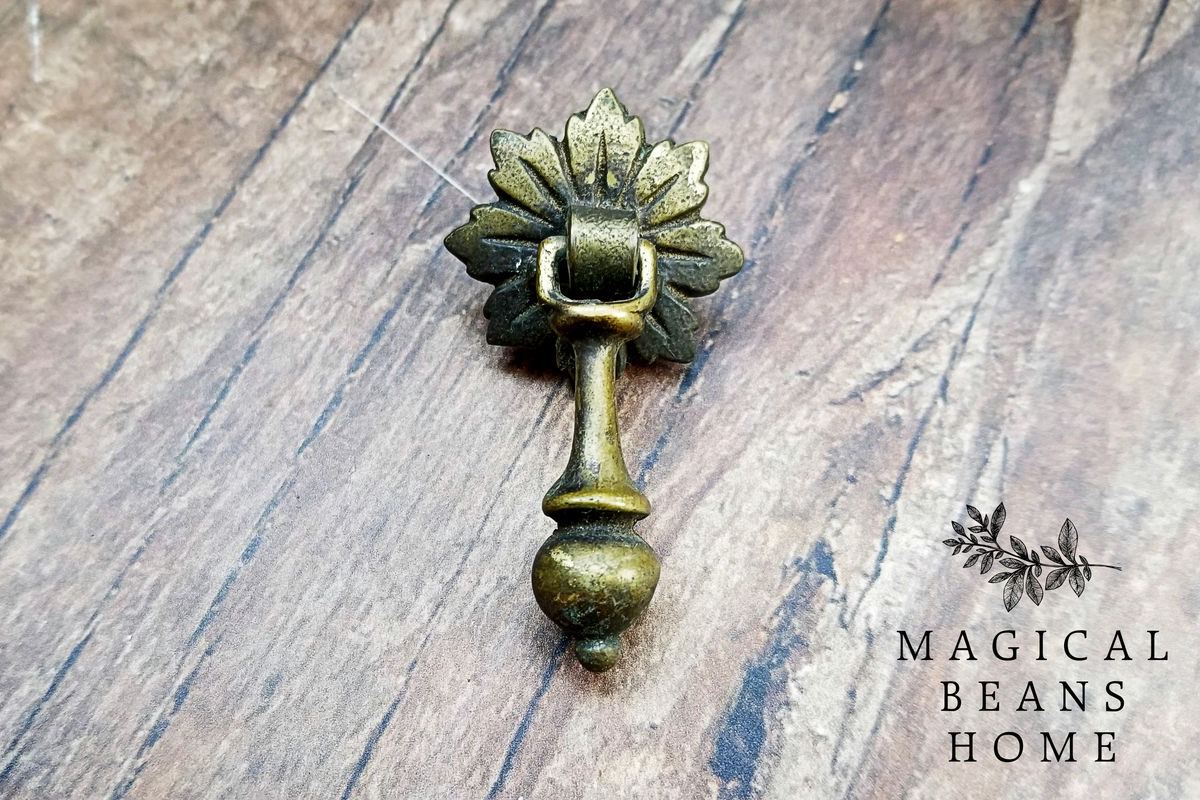 Vintage Keeler Brass Co Antiqued Gold Leaf Rosette & Pendant Pull in Solid Brass Magical Beans