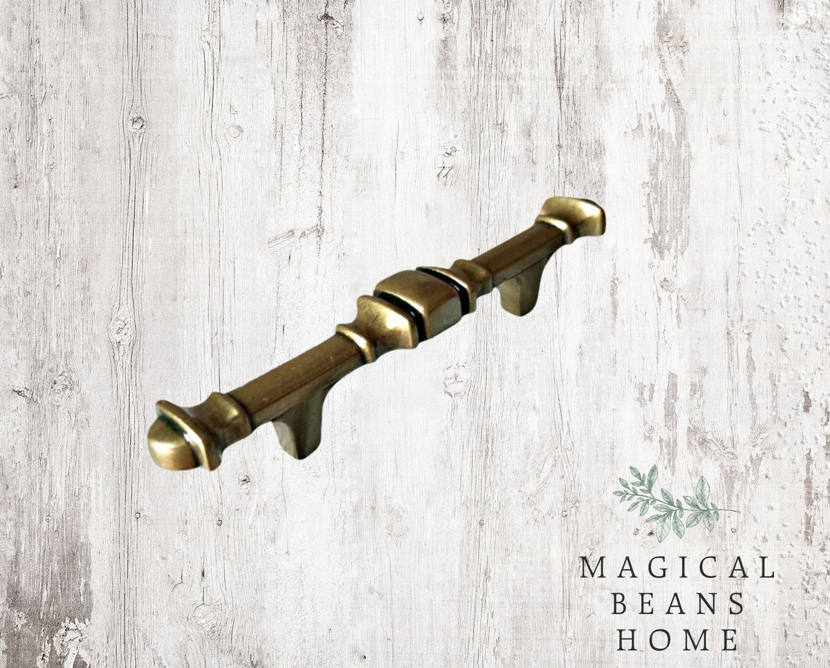 Vintage Mid Century Modern Antiqued Gold Drawer Pull Handles in Solid