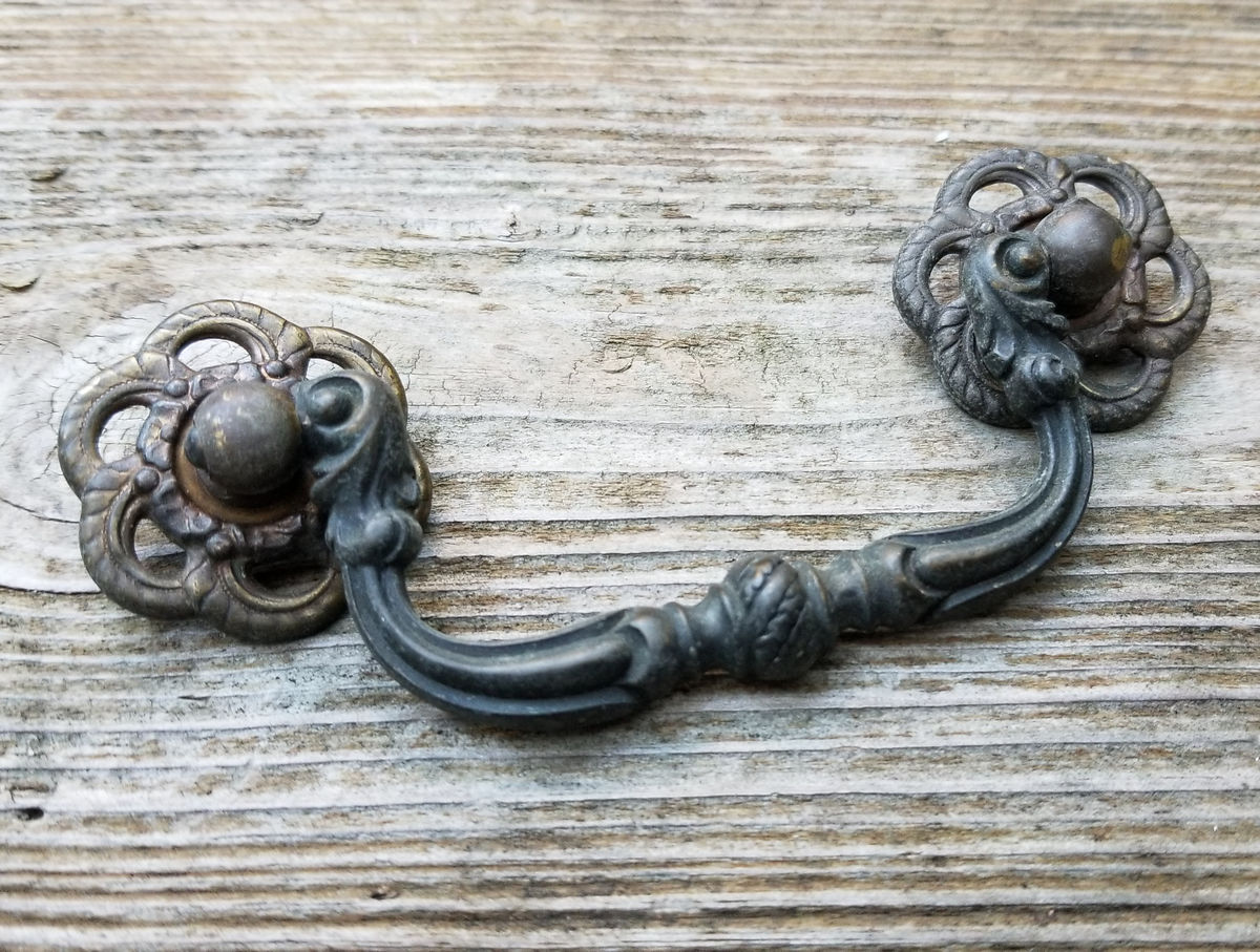 Vintage Keeler Brass Co Petite Dark Brown Drop Bail Pull w/ Rosettes in Solid Brass Magical