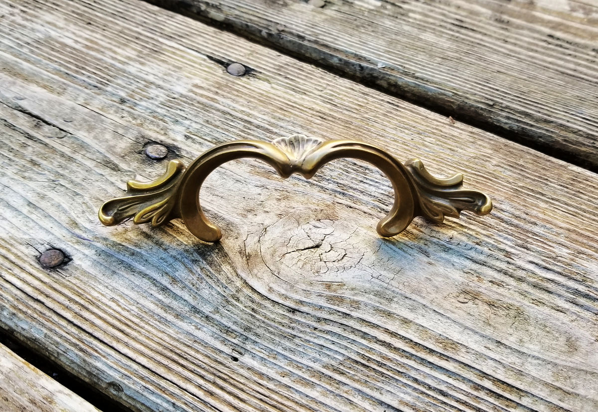 Antique French Provincial Petite Gold Drawer Pulls in Solid Brass