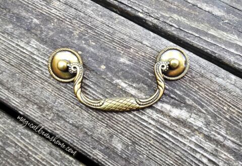 Vintage,Keeler,Brass,Co,Cross,Hatch,Drop,Bail,Pull,with,Rosettes,vintage drawer pulls, brass drop bail pull, brass drawer pulls, antiqued gold drawer pull, drawer pull handles, bail pull rosettes, dresser hardware, keeler brass co period hardware, buffet hutch drawer pull handles 