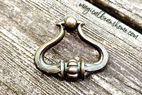 Keeler,Brass,Company,Mid,Century,Modern,Large,Vintage,Antiqued,Brown,Ring,Pull,ring pull, knock style pull, antiqued brown ring pull, traingle ring drawer pull, mid century modern drawer pull, furniture hardware, period hardware, keeler brass co, dresser drawer pulls, cabinet ring pulls, brass furniture drawer pulls 