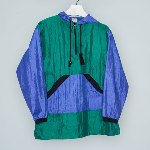 Color,Blocking,Windbreaker,W/,Hoodie,blue, green, windbreaker, black, hoodie, string, fringe, zipper, long sleeve, pullover, mens, guys, jacket, outerwear, retro, 80s, minimal, fashion, vintage