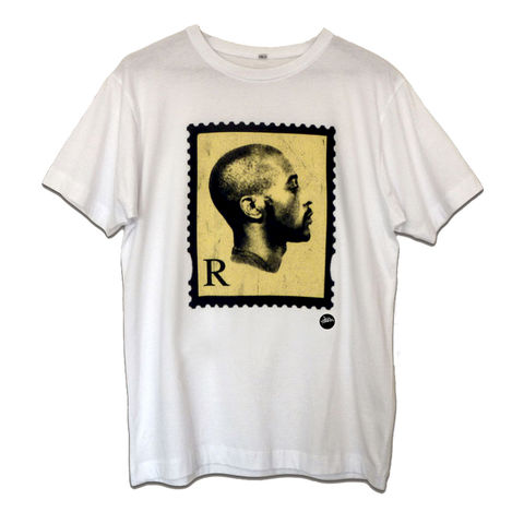 The,'R',Stamp,Tee,(Black,and,Yellow,on,White),Rakim, tshirt, white, Stamp, tee, goldenera, hip-hop, rap, mc, lyricist, paid in full, 25th, anniversary, Eric B