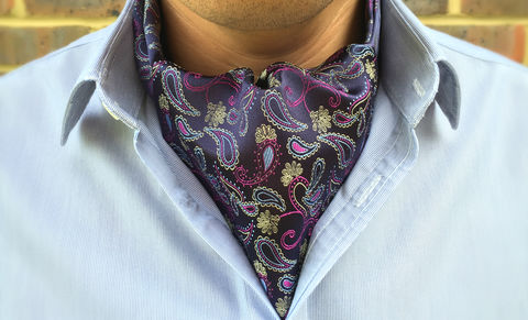 ALESSANDRO,paisley silk cravat, paisley silk ascot tie, silk ascots for men, silk cravats for men, paisley cravat, paisley ascot, pink paisley cravat, blue paisley ascot