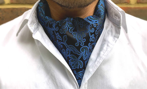 MIKKEL,blue silk cravat, blue silk ascot, patterned cravat, patterned ascot, floral ascot tie, floral cravat, mens floral cravat, silk cravat for men, mens silk cravat, mens silk ascot, silk ascots men, mens silk accessories, luxury silk accessories, luxury gift