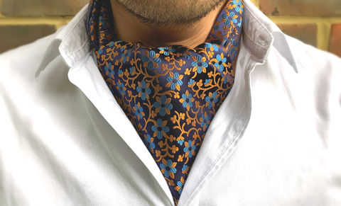 KETAK,orange blue cravat, orange blue ascot tie, orange blue floral cravat, orange botanical cravat, orange flowers cravat, blue flowers ascot tie, blue flowers cravat, silk cravat for men, mens silk cravat, mens silk ascot, silk ascots men, mens silk accessori