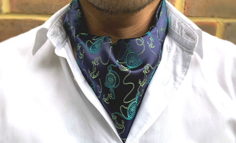 JAMES,nautical cravat, anchor cravat, sailor cravat, sailing cravat, nautical ascot tie, navy cravat, blue green cravat, blue green ascot tie, silk cravat for men, mens silk cravat, mens silk ascot, silk ascots men, mens silk accessories, luxury silk accessorie