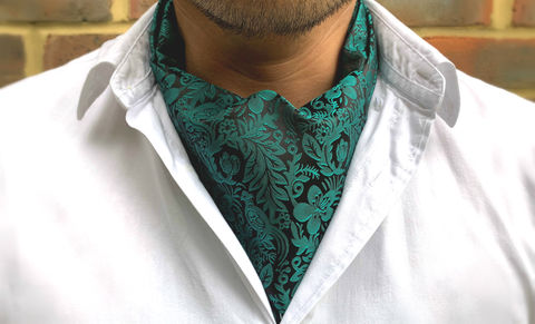 ARNDOR,green cravat, green silk cravat, green ascot tie, green silk ascot, patterned silk ascot, patterned silk cravat, birds silk cravat, bird pattern cravat, bird design ascot, botanical cravat, botanical ascot tie, silk cravat for men, mens silk cravat, mens 
