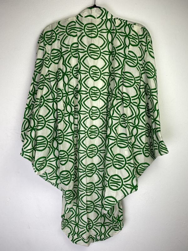 SALE // COTTON ORIGINAL KIMONO style jacket UK8 to UK14: art deco green over off white - product images  of 