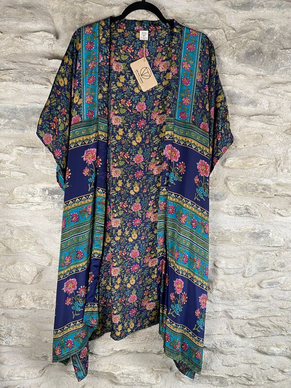SHORTER LONG KIMONO STYLE JACKET ONE SIZE UK6 to 22: royal blue, floral - product images  of 